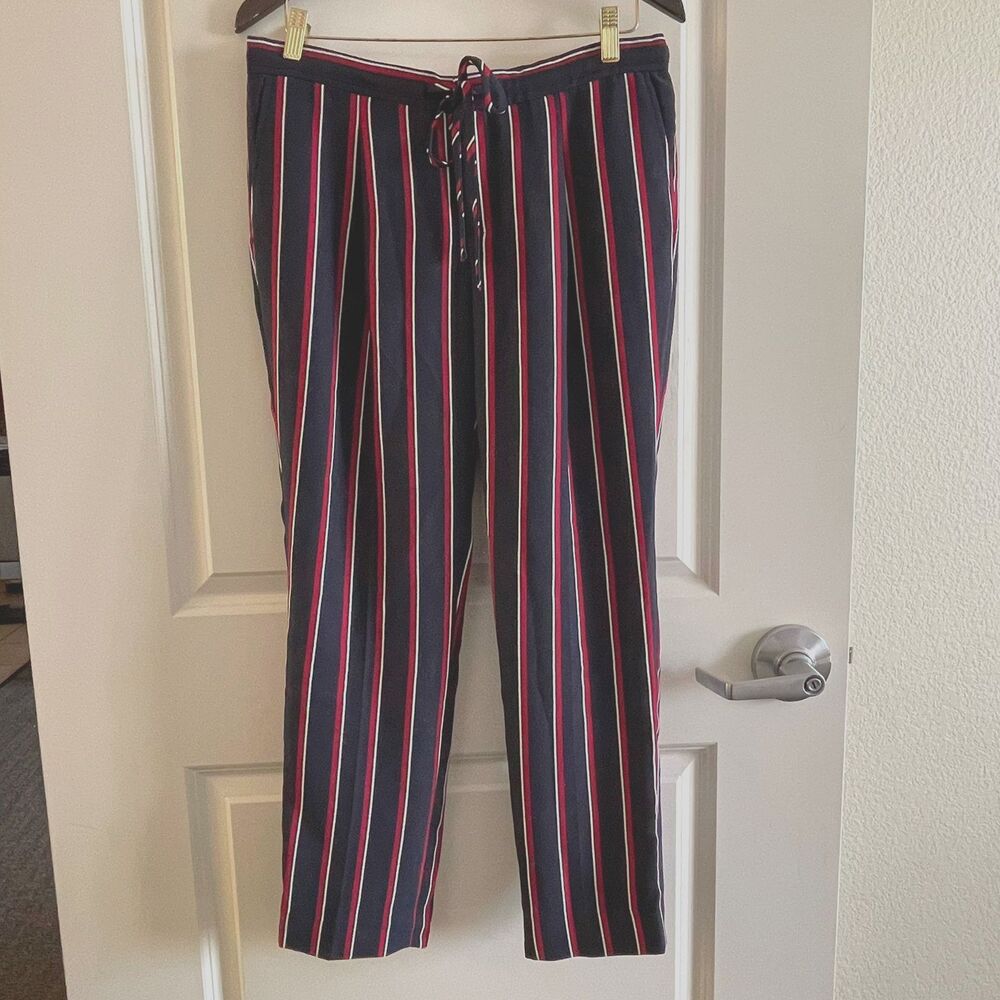 Banana Republic Striped Pants Size 4 Navy Blue Red White Ankle Drawstring Pleat - Picture 2 of 10